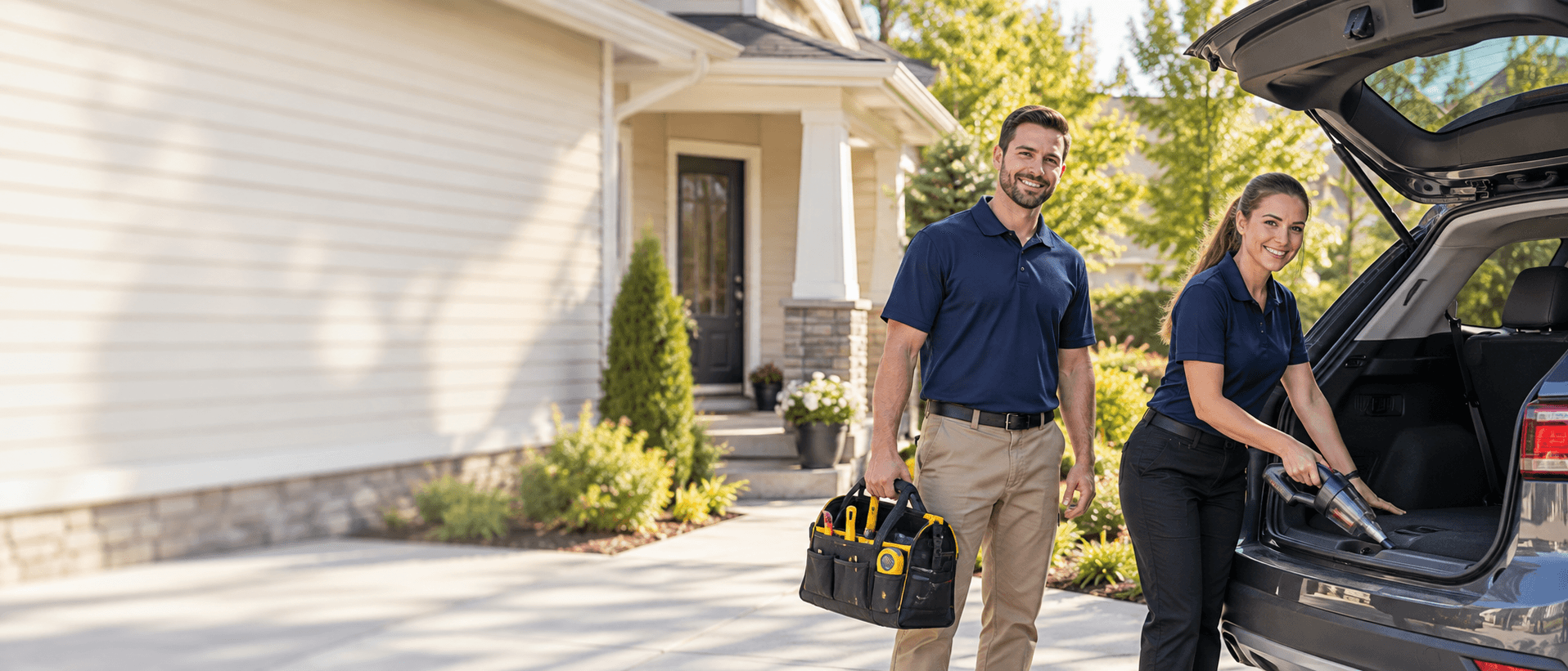 Illustrative concept image of a home-care worker and a car interior cleaner, not actual Handyman HQ workers